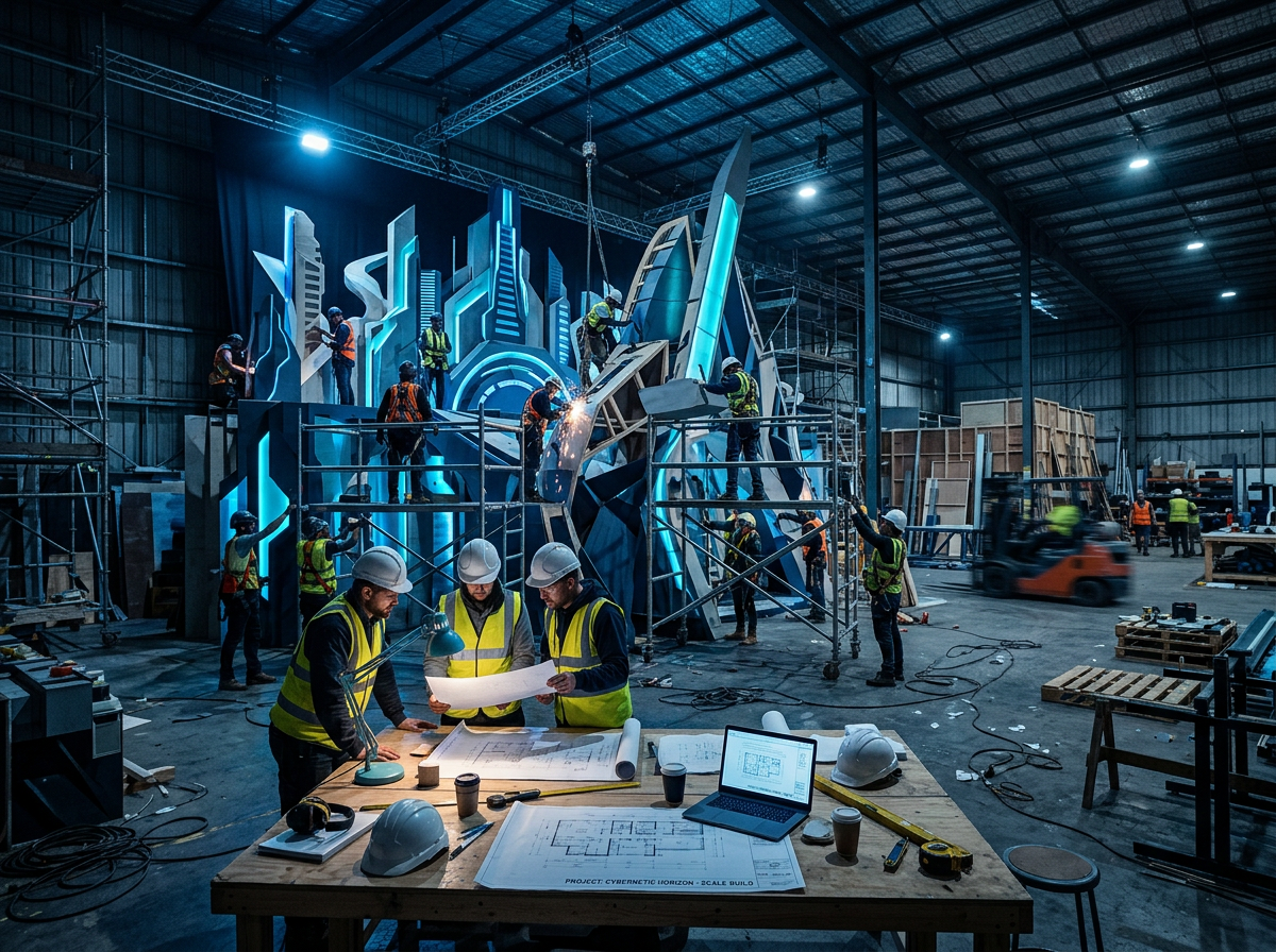 HelpMeBlue crew assembling a large brand activation set in a warehouse