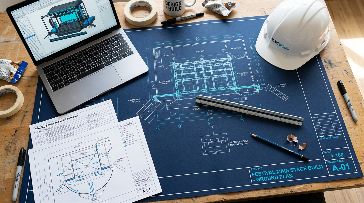 Blueprints, hard hat, and a tablet with a 3D model of a stage build