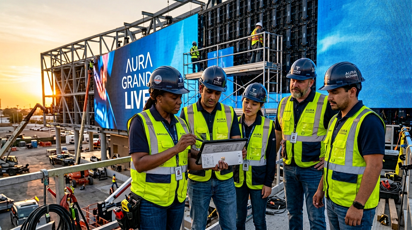 HelpMeBlue project leads on a digital signage installation site